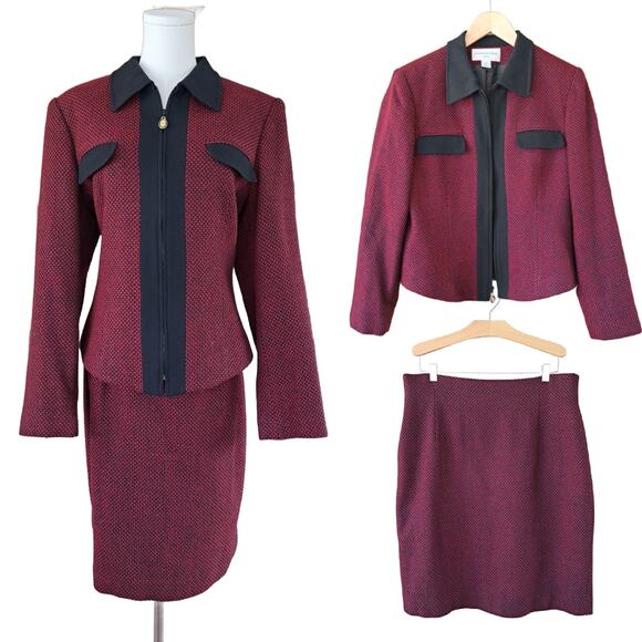 Evan Picone Dresses & Skirts - Evan-Picone Vintage Wool Blend Skirt Suit Set Metallic Red Black Tweed Size 14